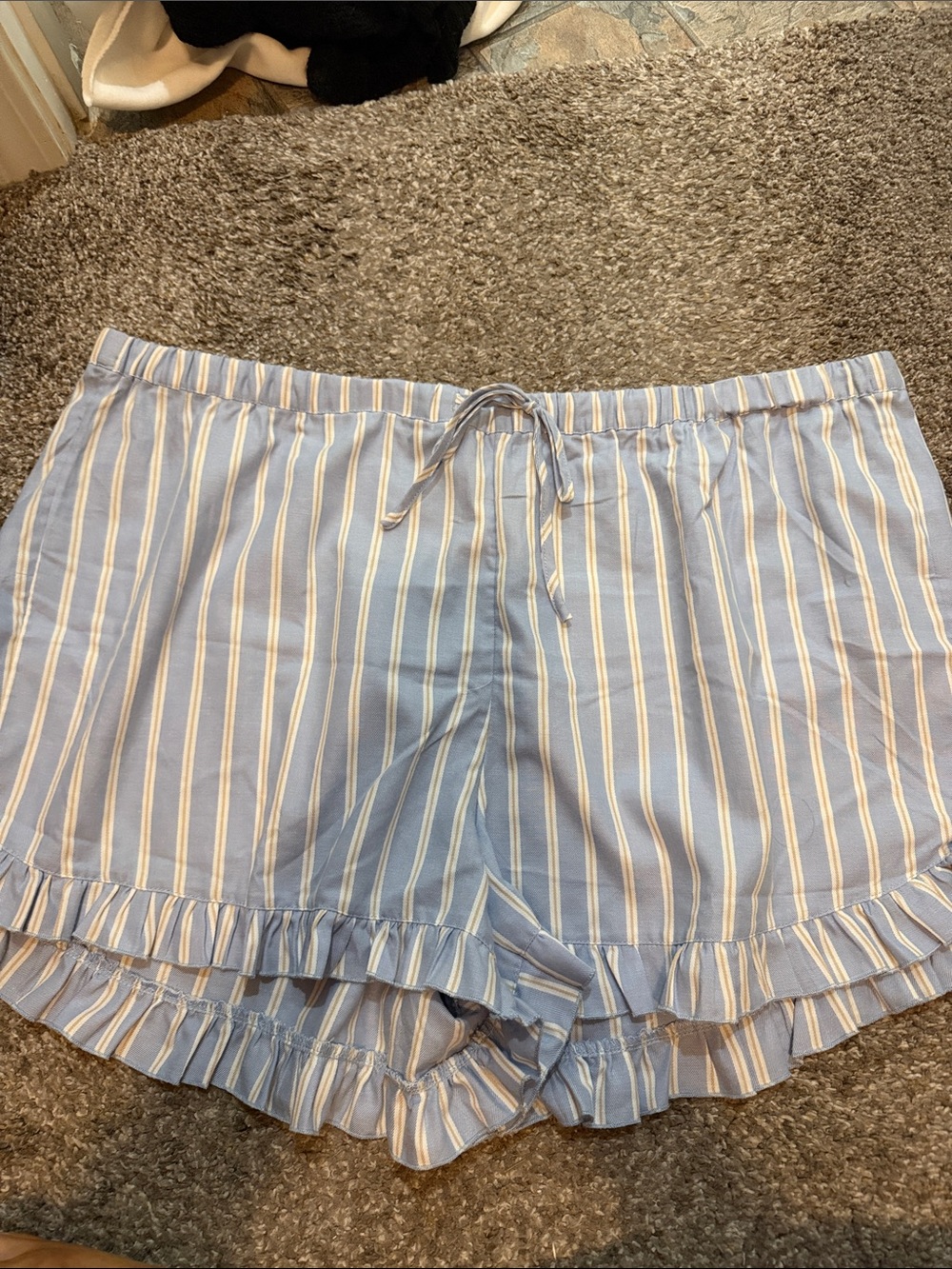 Lovesick Blue and White Striped Ruffle-Waist Shorts